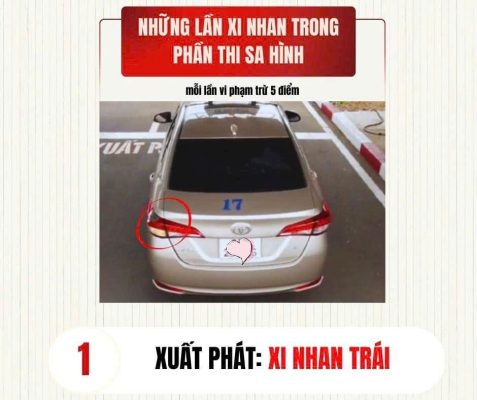 4 bài bắt buộc phải xi nhan trong bài thi sát hạch lái xe trong sa hình. Bài thi xuất phát. Bật xi nhan trái. Nếu không xi nhan sẽ bị trừ 5 điểm