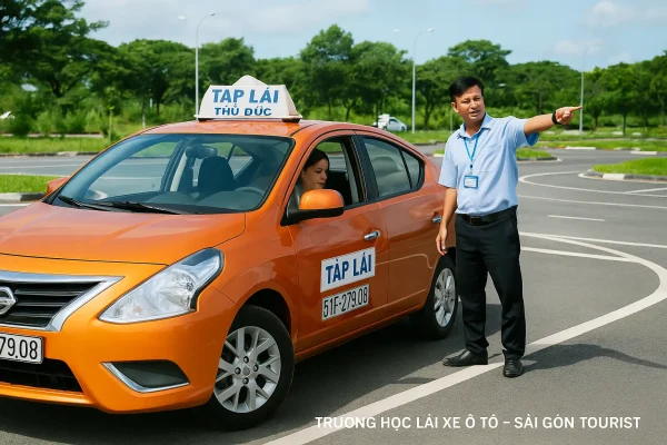 Sân tập lái xe Thủ Đức với xe tập lái và học viên